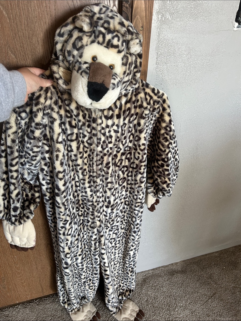 Kids Plush Leopard One-Piece Hooded Costume - Beige Leopard Print